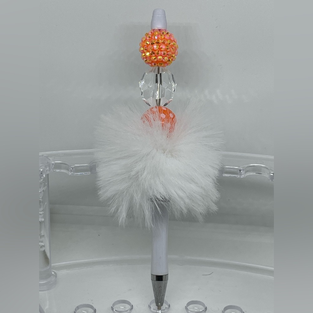 Fluffy White and Orange Beaded Pen